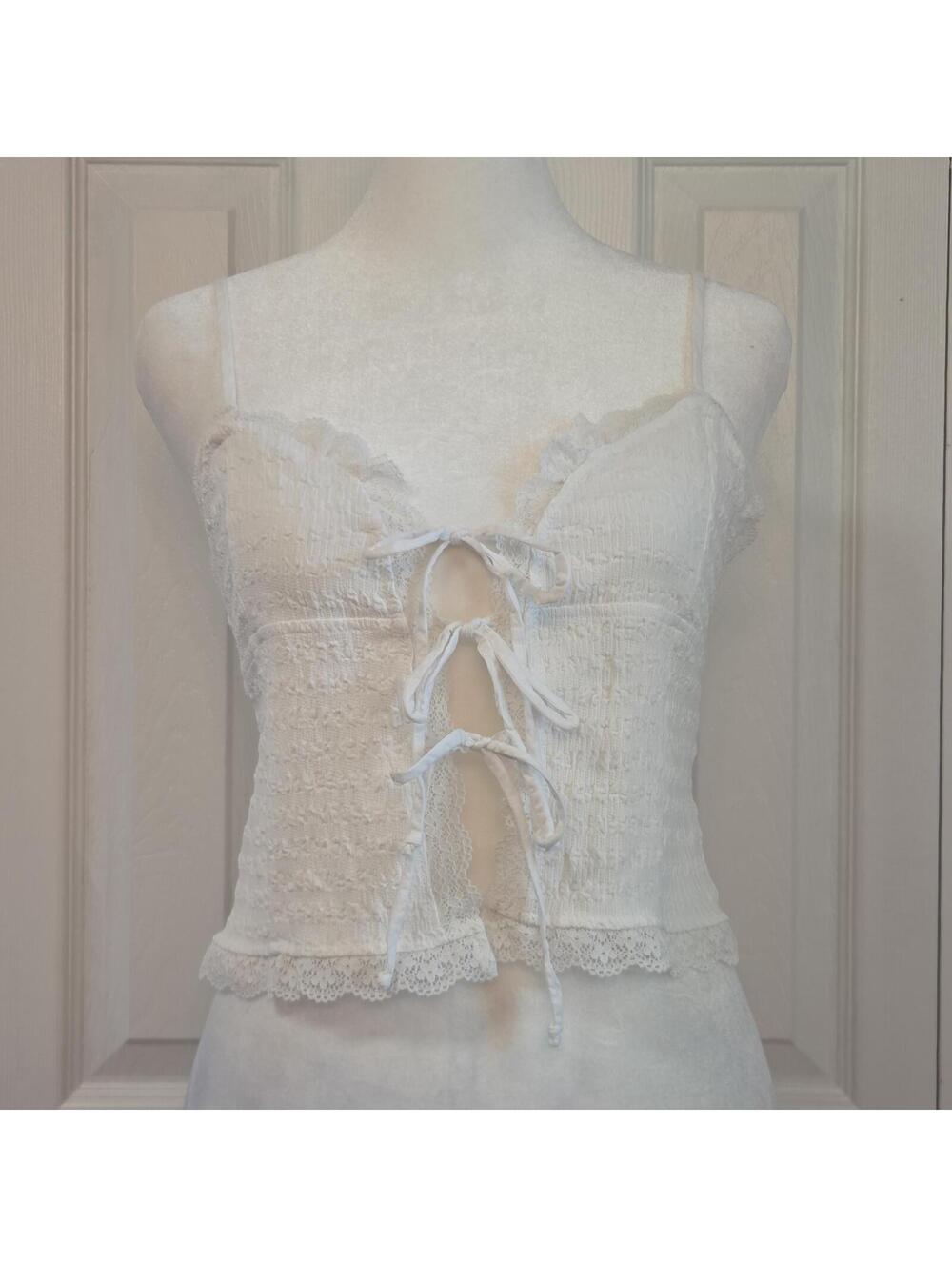 White Lace Trim Tie Front Cami Top Size XS Y2K Angel Coquette Fairy Boho Smocked